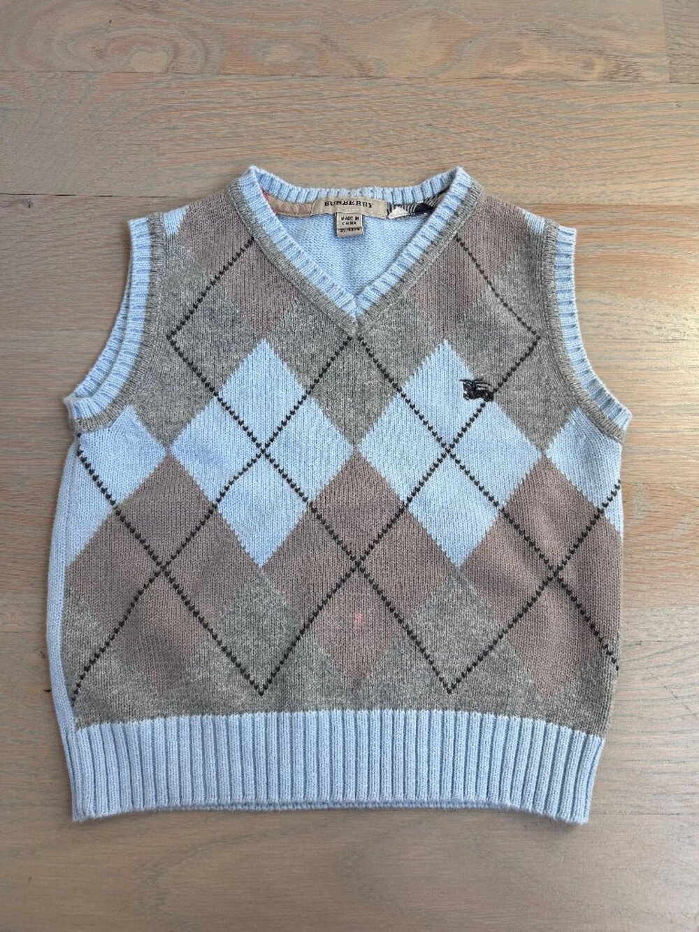 Burberry Kids 2Y 92cm Argyle Sweater Vest Blue Gray Logo V Neck